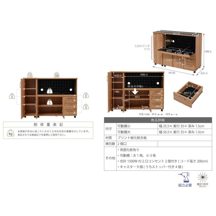Keittio 北欧キッチンシリーズ 幅120 キッチンカウンター レンジ収納