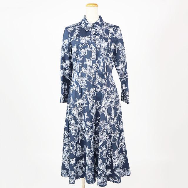 新品本物 マレーラ Marella レディース ロングワンピース ネイビー系 花 ヒトデプリント ウェスト切替シャツ