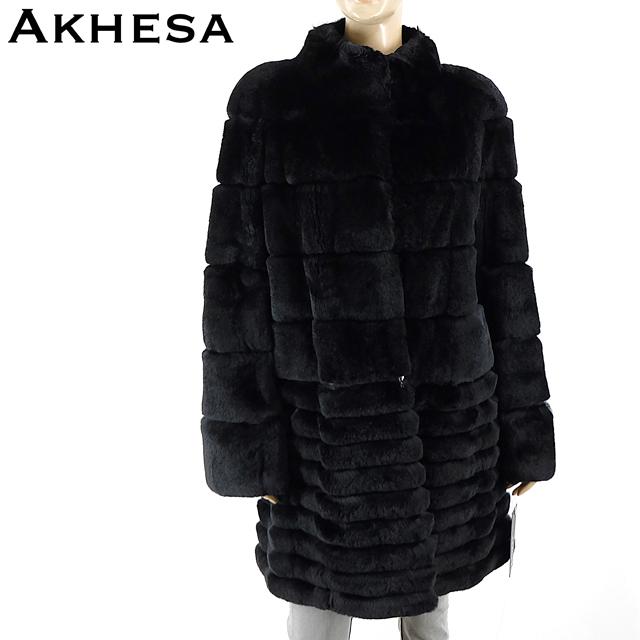 アケーシャ（AKHESA）レディース 毛皮 ラビット コート ブラック系 　リアルファー スタンドカラー （サイズ/38/40）*ga0201｜e-warehouse
