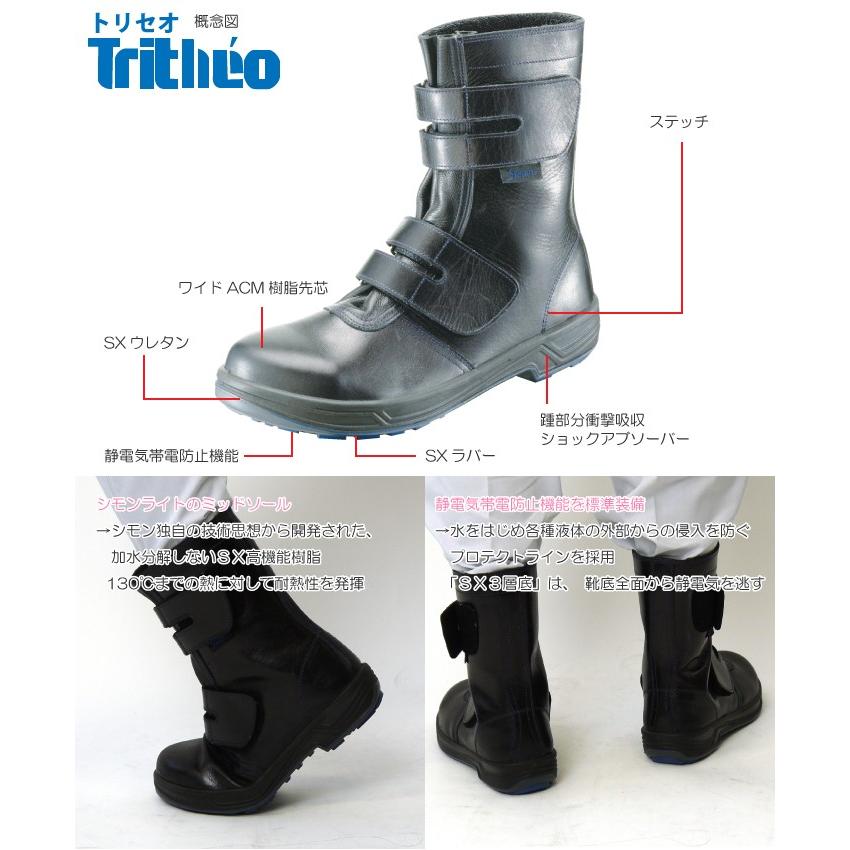 送料無料　シモン　8538Tritheo　黒　男女兼用　安全長編上靴（マジック）　30cm