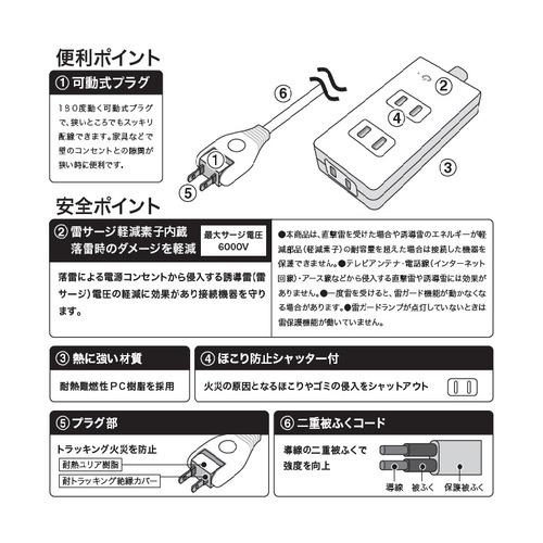 【推奨品】FUNAI FTA33L 雷ガード付き電源タップ 3個口 3m ホワイト｜e-wellness｜02