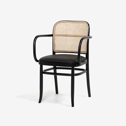 大塚家具 秋田木工 ダイニングチェア（肘付き）「712A-RU」ブナ材ブラック色(艶消し) 張地#PVCブラック色 背もたれ 籐張り_2