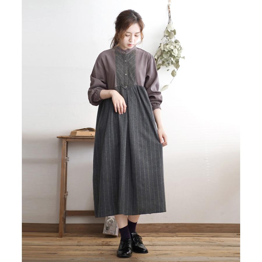ワンピース 秋 秋服 レディース ロングワンピース ミモレ 長袖 バンドカラー 異素材 切り替え Aライン フレア ストライプステッチ ワンピース イーザッカマニア イーザッカマニア Yahoo 店 通販 Yahoo ショッピング