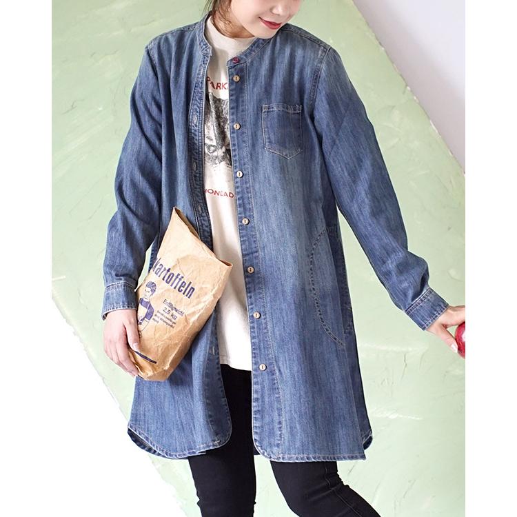 シャツ デニムシャツ 春 春服 レディース トップス チュニック ワンピース シャツワンピース ノーカラー デニム エアレットデニム スタンドカラー ロングシャツ イーザッカマニア Yahoo 店 通販 Yahoo ショッピング