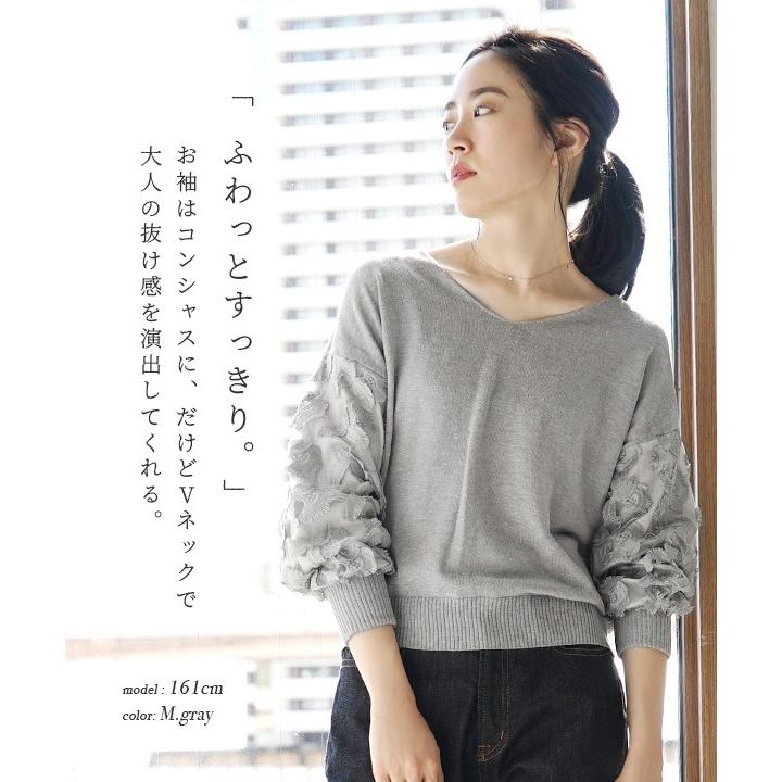 ニット 長袖 レディース 春 春服 春物 トップス カットソー セーター Vネック 長袖 刺繍 花 3dフラワーレーススリーブ ライトニットプルオーバー イーザッカマニア Yahoo 店 通販 Yahoo ショッピング