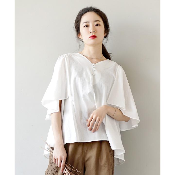 ブラウス 春服 春物 レディース シャツブラウス 半袖 五分袖 フレア ゆったり 綿100 コットン Zootie ズーティー フレアスリーブ Vネック ブラウス イーザッカマニア Yahoo 店 通販 Yahoo ショッピング
