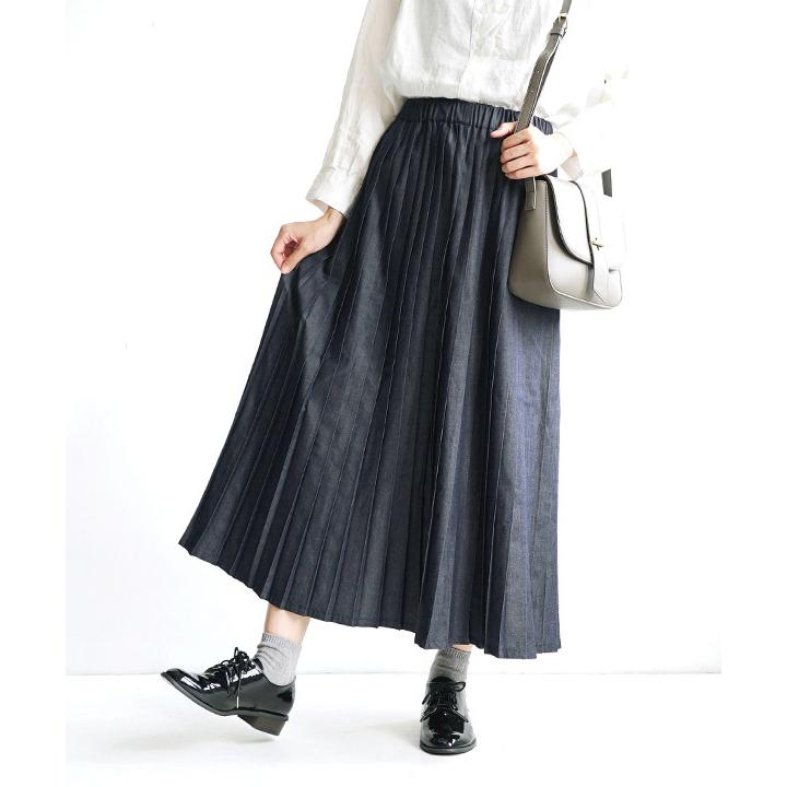 スカート 夏 秋 秋服 レディース ボトムス ロングスカート ロング ウエストゴム デニムスカート デニム プリーツ ゆったり シャンブレーデニム プリーツスカート イーザッカマニア Yahoo 店 通販 Yahoo ショッピング