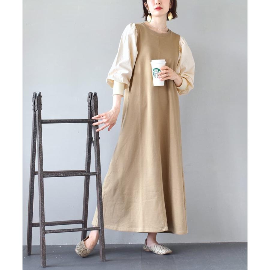 21人気の ワンピース レディース ロング マキシ 膝下 ひざ下 長袖 異素材 大きいサイズ ゆったり 夏 ボリュームスリーブ コットンワンピース