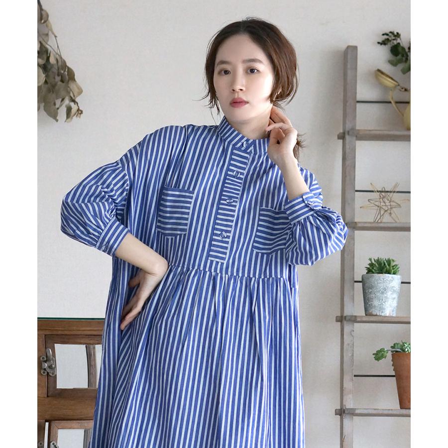 ワンピース 長袖 春 春服 レディース ストライプ ロングワンピース ミモレ丈 スタンドカラー ストライプワンピース イーザッカマニアストアーズ 通販 Paypayモール