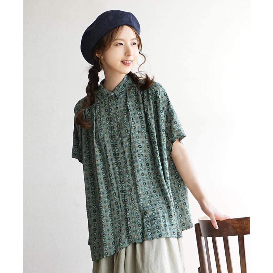 ブラウス 夏 夏服 レディース トップス シャツ シャツブラウス 半袖 大きいサイズ 柄 総柄 ギャザー 胸ポケット フレア レトロ ギャザーブラウス イーザッカマニアストアーズ 通販 Paypayモール