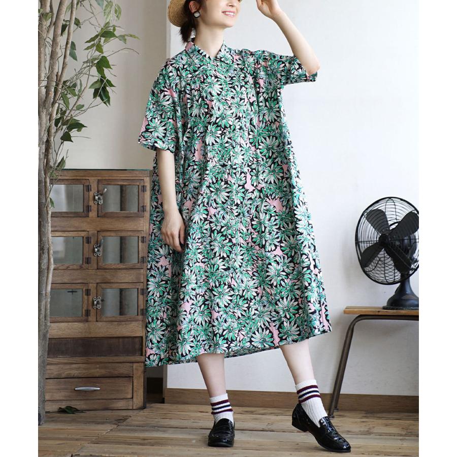 ワンピース レディース 半袖 夏 ワンピ ロングワンピース ミモレ丈 シャツワンピース 羽織り 大きいサイズ ゆったり グリーンフラワー ギャザー ワンピース イーザッカマニアストアーズ 通販 Paypayモール