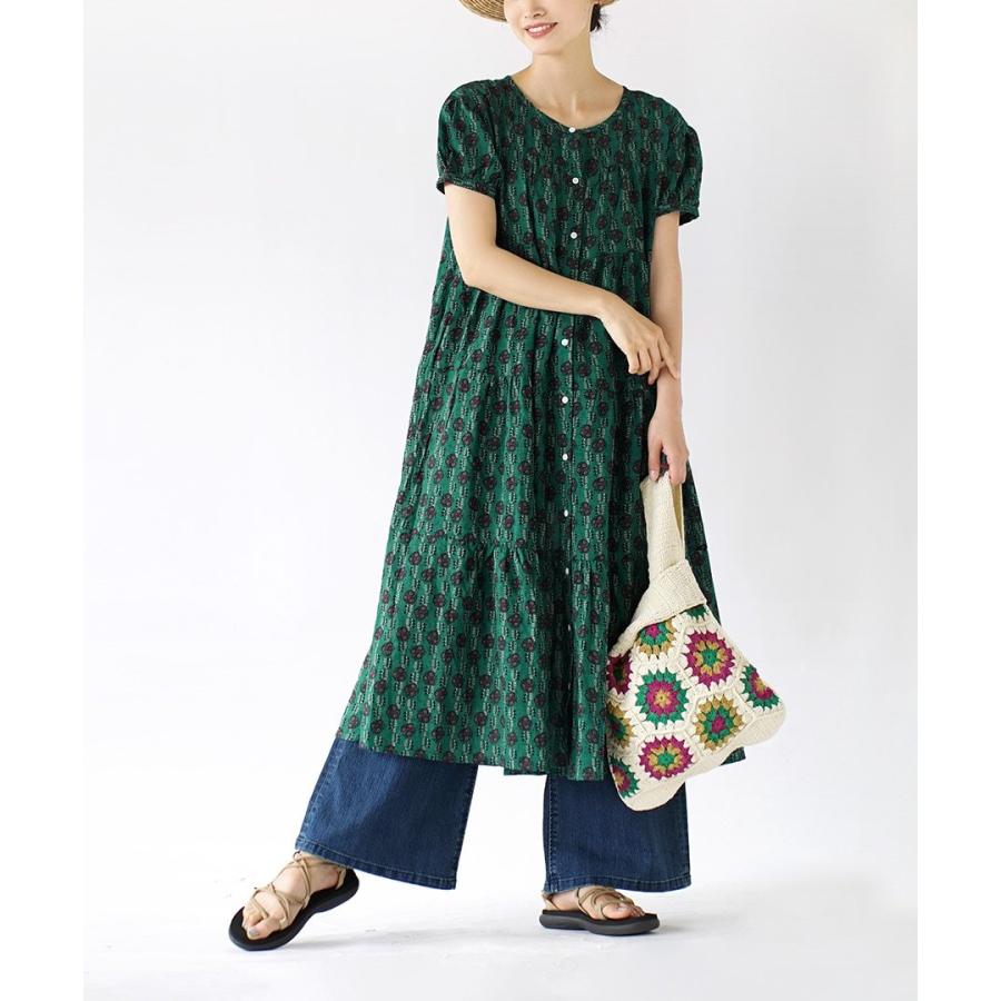 買取 ワンピース ロング レディース 半袖 夏 ワンピ ミモレ丈 丸首 羽織り 花柄 薄手 綿混 ゆったり ネイティブレトロ ティアードワンピース