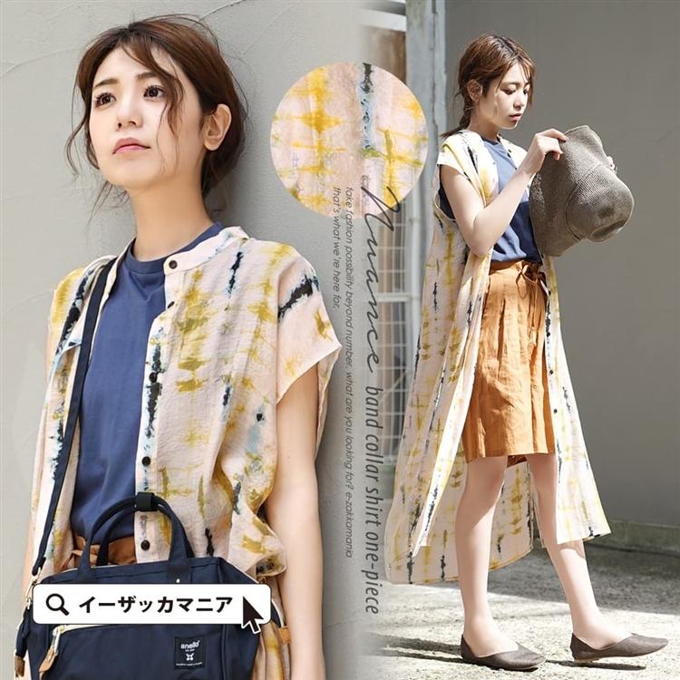 ワンピース レディース 夏 ロングワンピース 半袖 フレンチスリーブ 透け感 シアー 柄 Mimimemete ミミメメット ニュアンス スタンドカラー シャツワンピース イーザッカマニアストアーズ 通販 Paypayモール