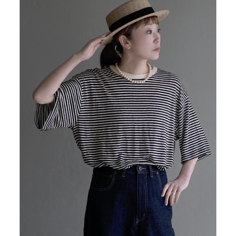 Tシャツ カットソー レディース 夏 夏服 トップス 半袖 五分袖 丸首 柄 麻混 リネン混 apartment department クールネック ボーダー リラックスワイドTシャツ｜e-zakkamania｜07