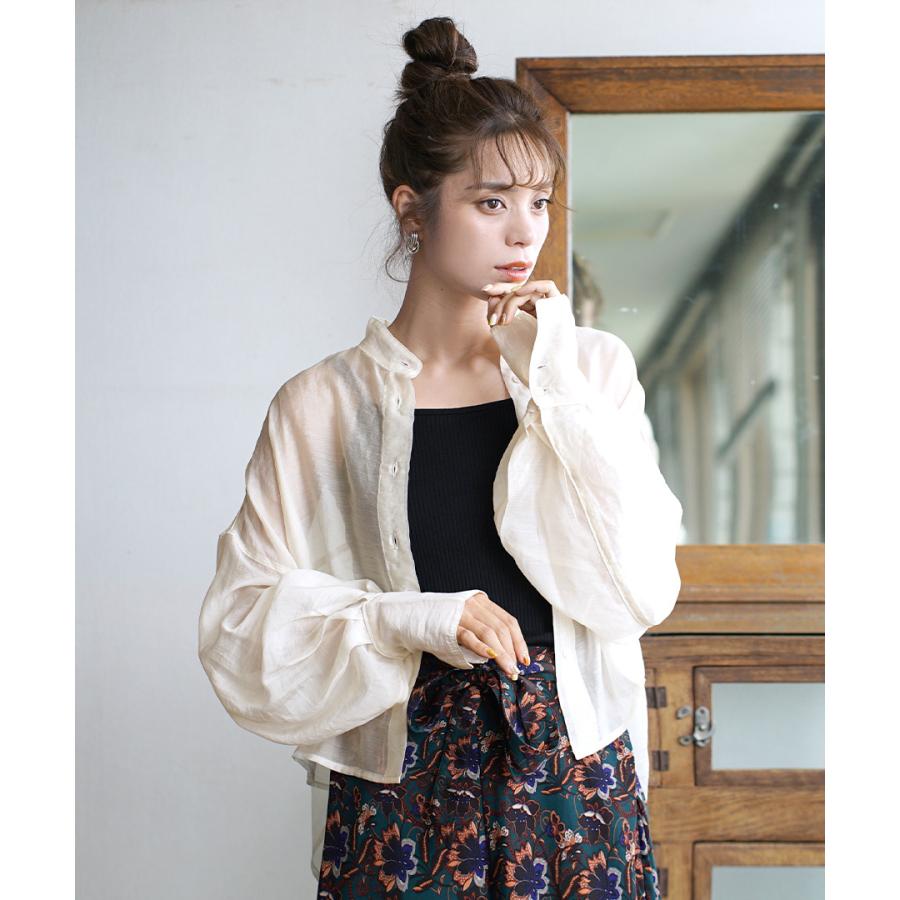 シャツ レディース 春 トップス ブラウス シアーシャツ 羽織 長袖 バンドカラー ショート丈 ゆったり ショート丈シャツ イーザッカマニア イーザッカマニアストアーズ 通販 Paypayモール