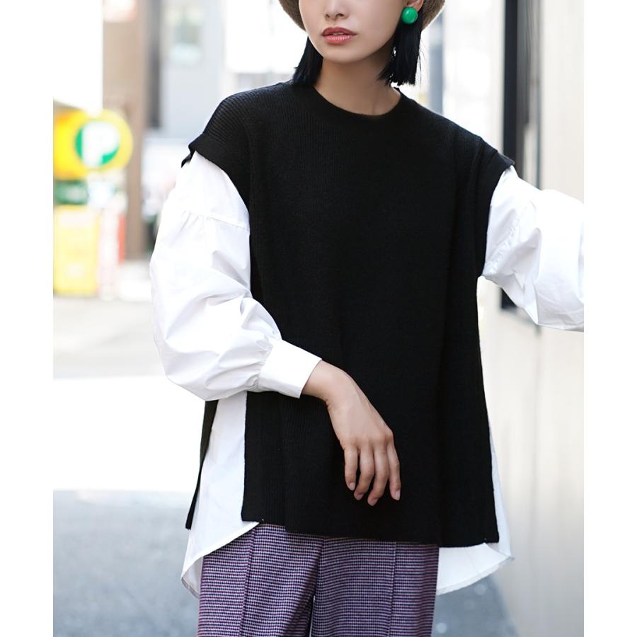 シャツ レディース ブラウス ニットベスト 長袖 ラウンドヘム レイヤード風 ニットベスト ドッキング プルオーバー イーザッカマニア イーザッカマニアストアーズ 通販 Paypayモール