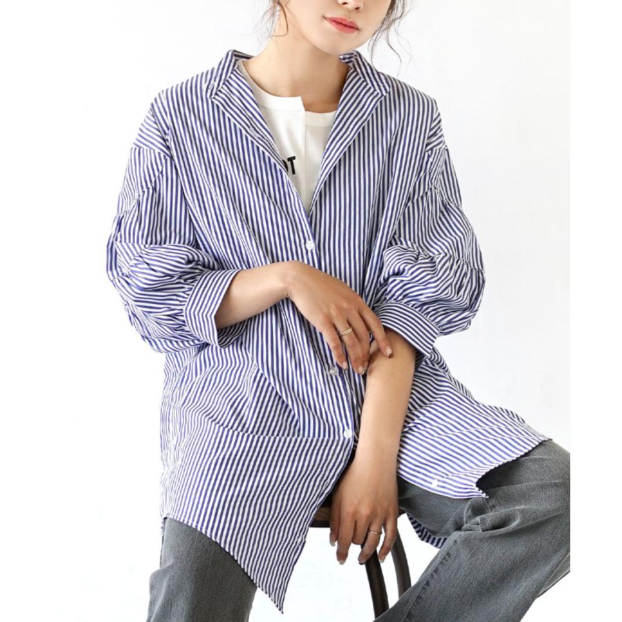 シャツ レディース 夏 ストライプシャツ トップス ブラウス 羽織り ロング チュニック 七分袖 バンドカラー 大きめ バルーンスリーブ ストライプシャツ イーザッカマニアストアーズ 通販 Paypayモール