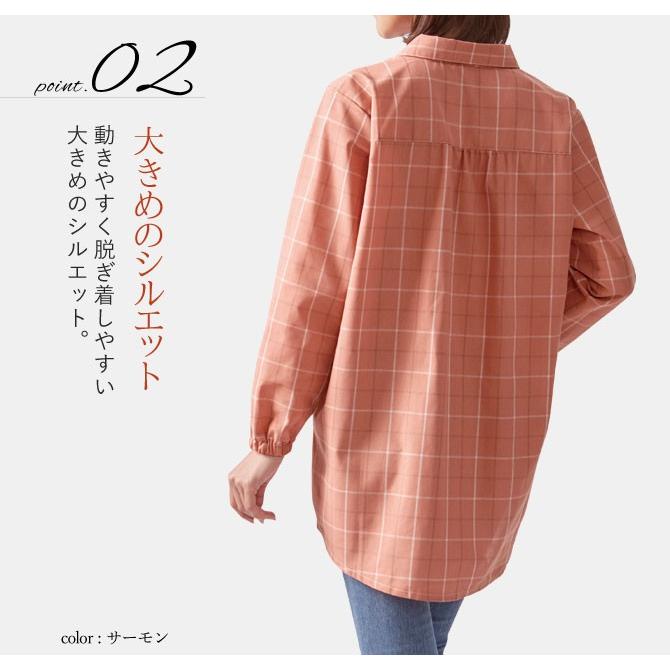 プルオーバー シャツ レディース 秋冬 チュニック おしゃれ 先染めかっぽうプルオーバーシャツ ネイビー サーモン ギンガムブラック M-L LL-3L 大きいサイズ 大 |  | 06