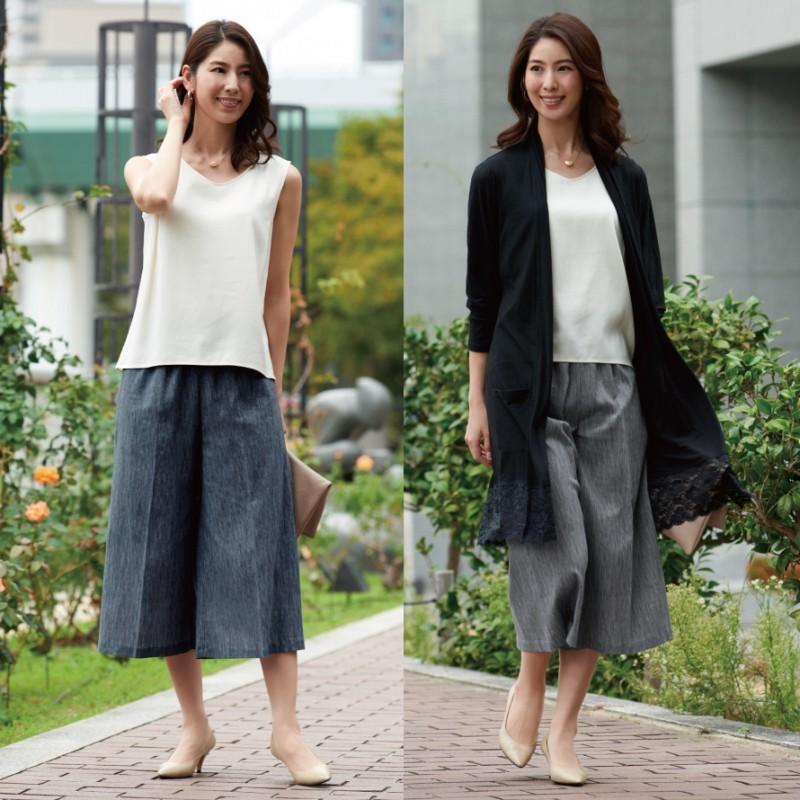 ワイドパンツ レディース ウエスト 総ゴム キュロットパンツ 春夏 涼感