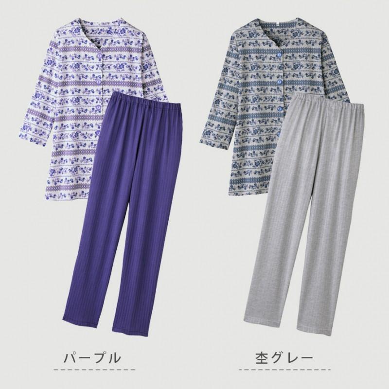 パジャマ レディース 前開き 夏 8分袖 大きめボタン 上下 花柄