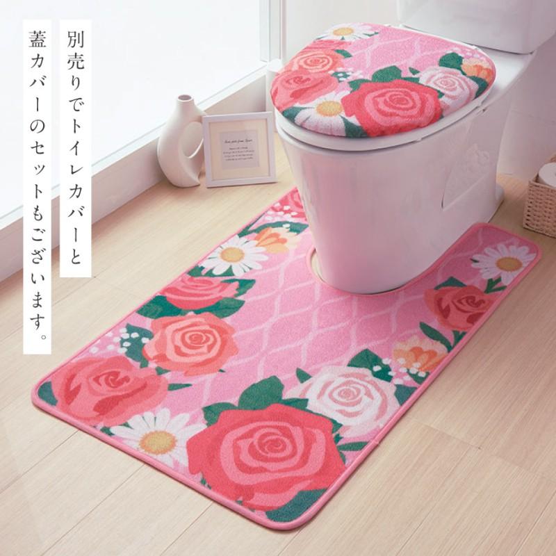 ローズトイレマット 大判 滑り止め 薔薇 ピンク色 花柄 可愛い おしゃれ トイレマット 60×100cm 耳長 ロング 大きい ピンク 花柄 薔薇柄 バラ