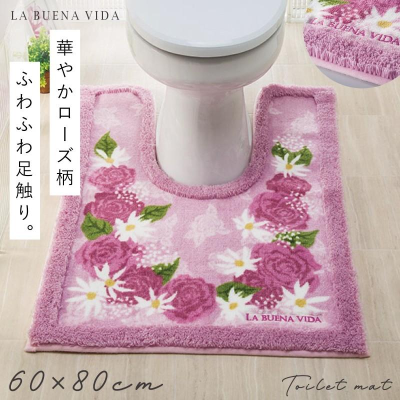 ローズトイレマット 大判 滑り止め 薔薇 緑色 花柄 可愛い おしゃれ 可愛い トイレマット 60×100cm 耳長ロング 花柄 ピンク すべらない 滑り止め