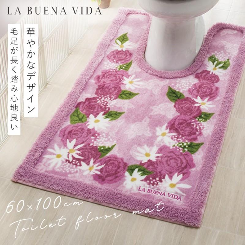 トイレマット 60×100cm 耳長 ロング ピンク 花柄 薔薇柄 バラ