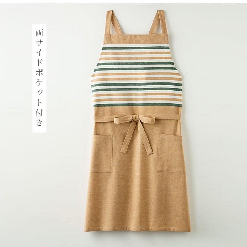 インド綿 エプロンギフト レディース ボーダー デニム調 ベージュ系 綿100%  ポケット付き ロング丈 ナチュラル おしゃれ かわいい ゆったり 動きやすい 家事 |  | 08