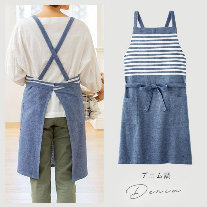 インド綿 エプロンギフト レディース ボーダー デニム調 ベージュ系 綿100%  ポケット付き ロング丈 ナチュラル おしゃれ かわいい ゆったり 動きやすい 家事 |  | 09