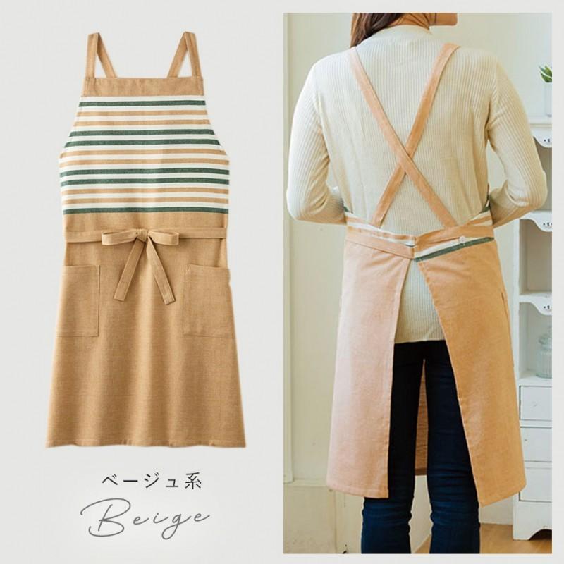インド綿 エプロンギフト レディース ボーダー デニム調 ベージュ系 綿100%  ポケット付き ロング丈 ナチュラル おしゃれ かわいい ゆったり 動きやすい 家事 |  | 10