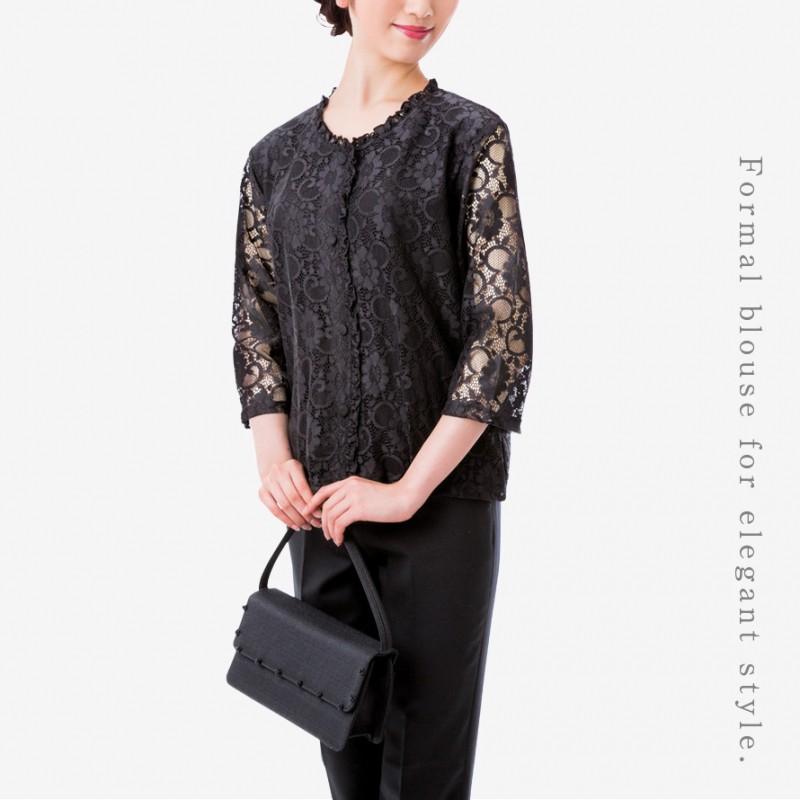 喪服　ストレッチアンサンブルブラックレースボレロセット S～7L】ノーカラーアンサンブル【礼服／喪服／ブラック