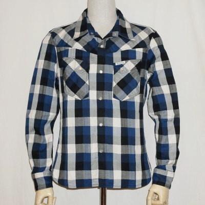 F-SCW-001L-ブルーブラックホワイト-ブロックチェックウエスタンシャツ001長袖-FSCW001L-FLATHEAD-フラットヘッドウエスタンシャツ