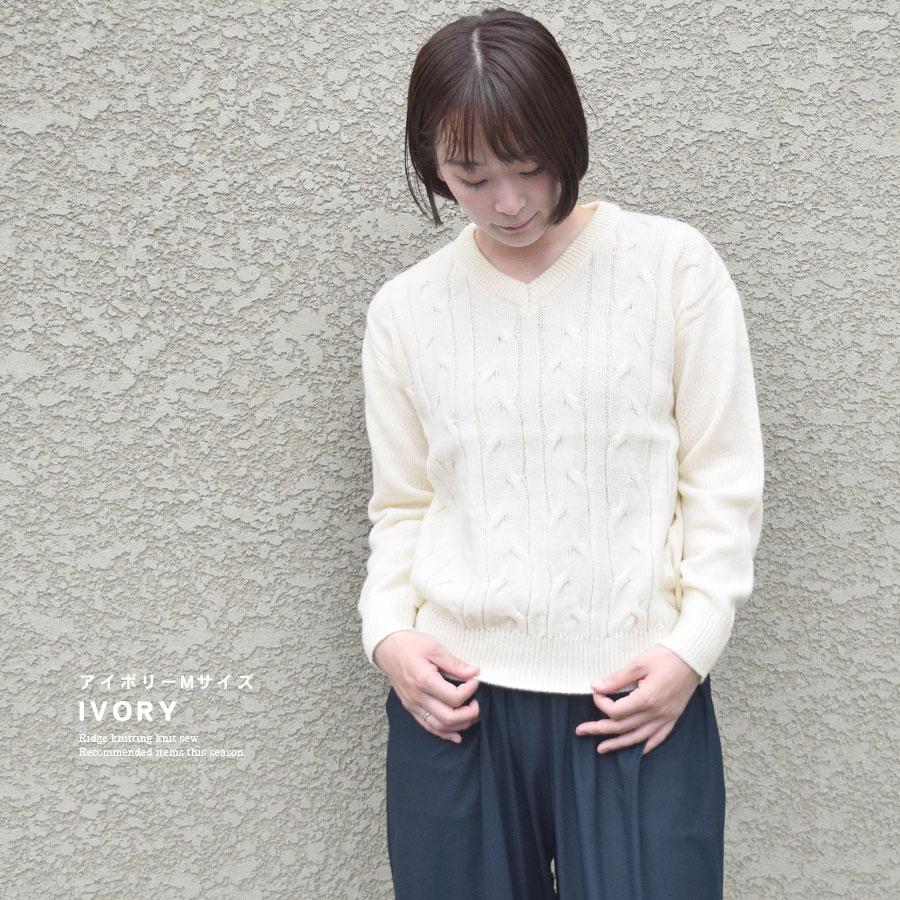 ニット レディース ケーブル編み 長袖 秋 冬 Vネック トップス