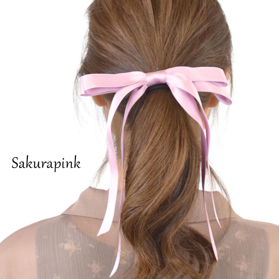 ヘアゴム リボン ロング 長め 黒 サテン おしゃれ ヘア