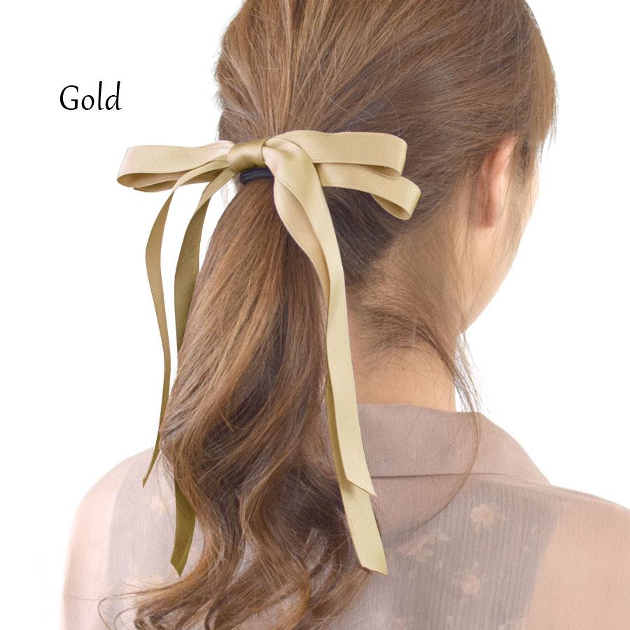 ヘアゴム リボン ロング 長め 黒 サテン おしゃれ ヘアアクセサリー