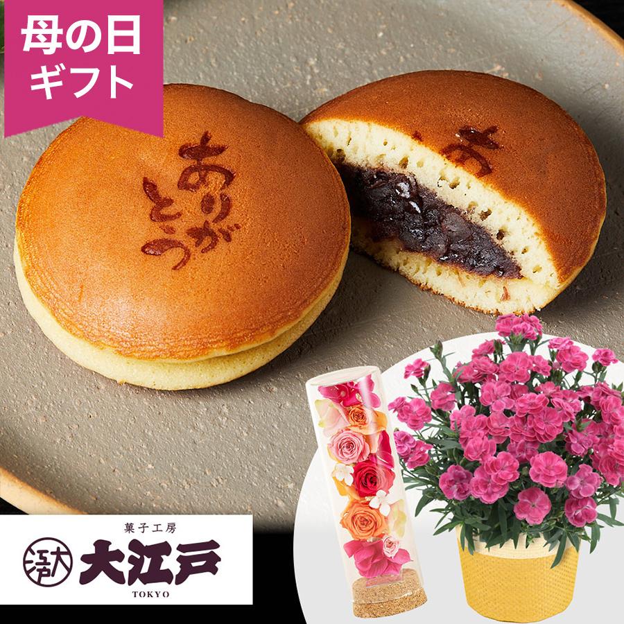 母の日 鉢植え/プリザーブドセット「大江戸ありがとうどらやき」  鉢植え カーネーション 4号 花鉢 プリザーブドフラワー どら焼き 送料無料 2個入（Yahoo!・イイハナ・ドットコム Yahoo!店）
