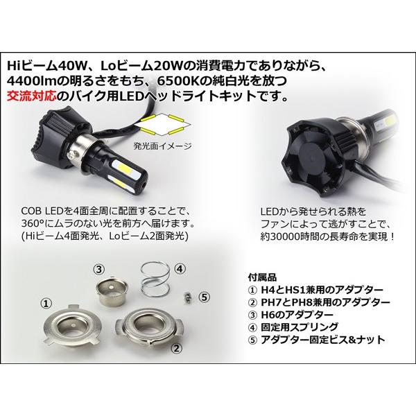 交流対応 LEDヘッドライト バルブ 4400lm 6500K H4/PH7/PH8/HS1/H6対応