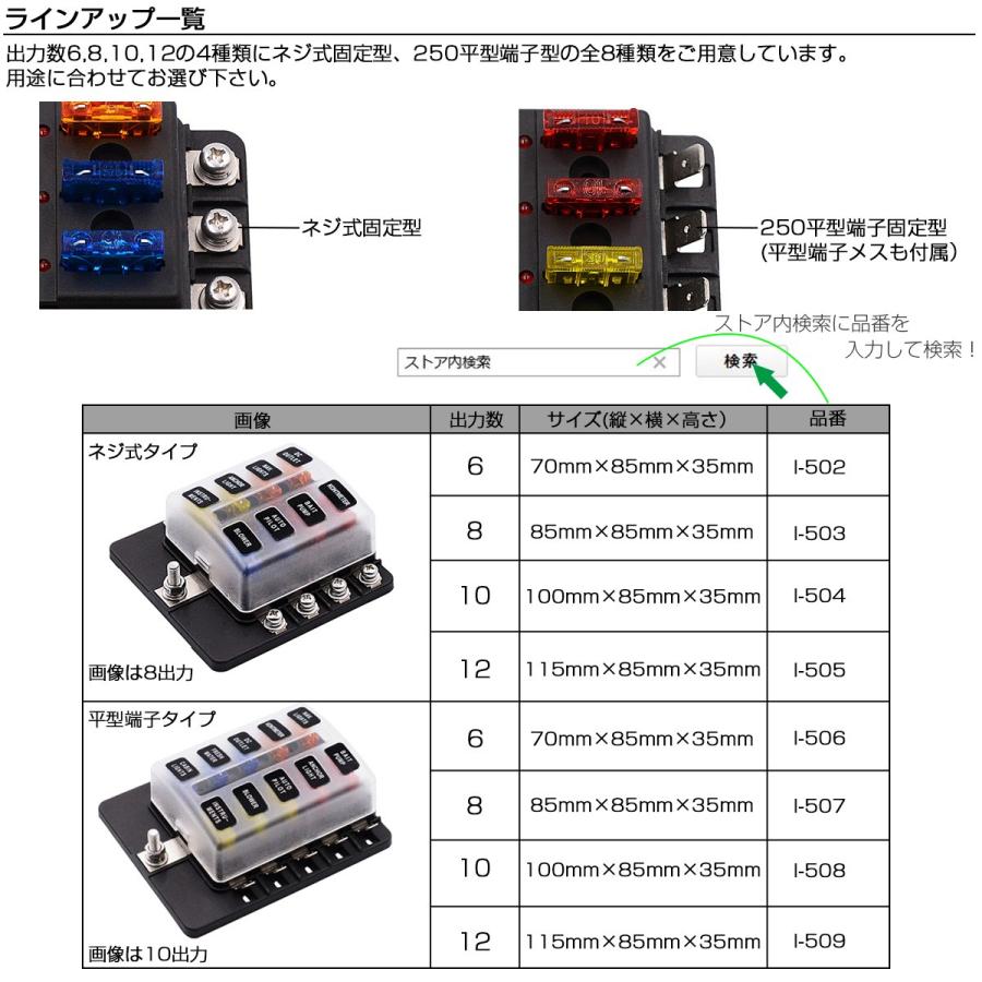 汎用 ヒューズボックス 6極 平型端子式 12V 24V兼用 MAX100A 平型ブレード インジケーターランプ付 I-506｜eale｜05