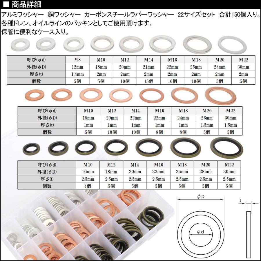 アルミワッシャー 銅ワッシャー カーボンスチールラバーワッシャー 22サイズ セット 合計150個入り ドレンやオイルラインのパッキンに ケース入り I531 I531オートパーツ専門