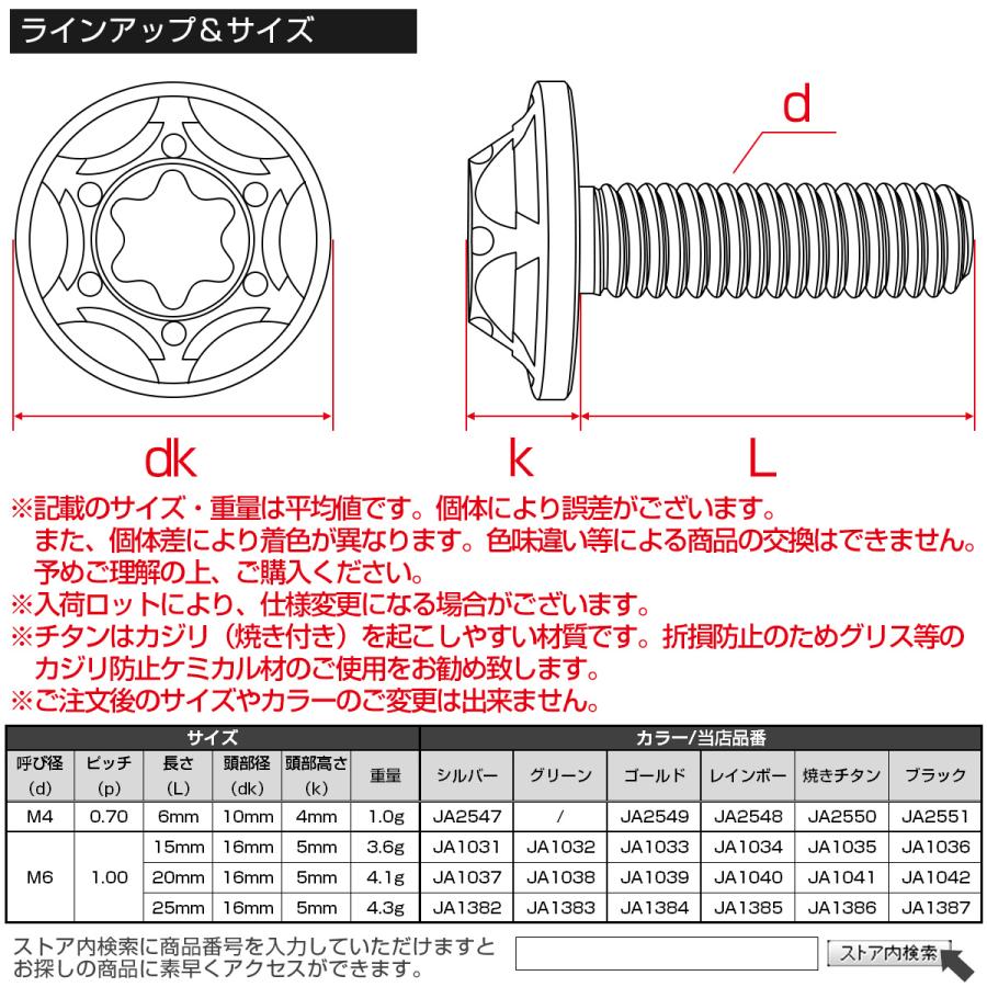 チタンボルト M6×15mm P1.0 ボタンボルト フランジ付き トルクス穴 グリーン JA1032 | ブランド登録なし | 04