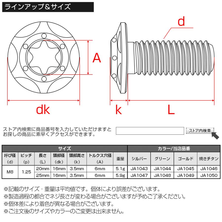 チタンボルト M8×20mm P1.25 ボタンボルト フランジ付き トルクス穴 シルバー スターホール JA1043 | ブランド登録なし | 03