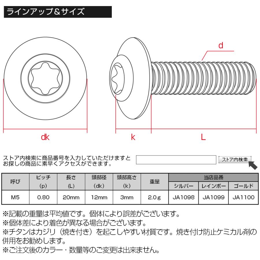 チタンボルト M5×20mm P0.8 ボタンボルト トルクス穴 シルバー JA1098 | ブランド登録なし | 03