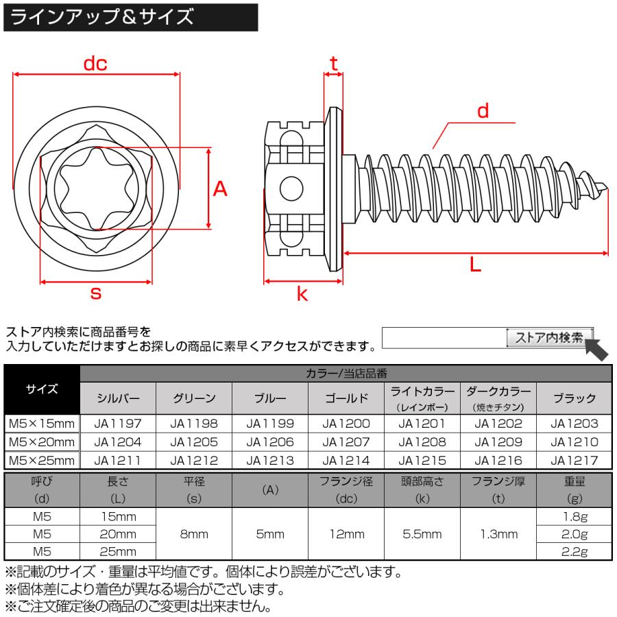 タッピングネジ M5×20mm チタン トルクス穴 フランジ付 ビス ブルー