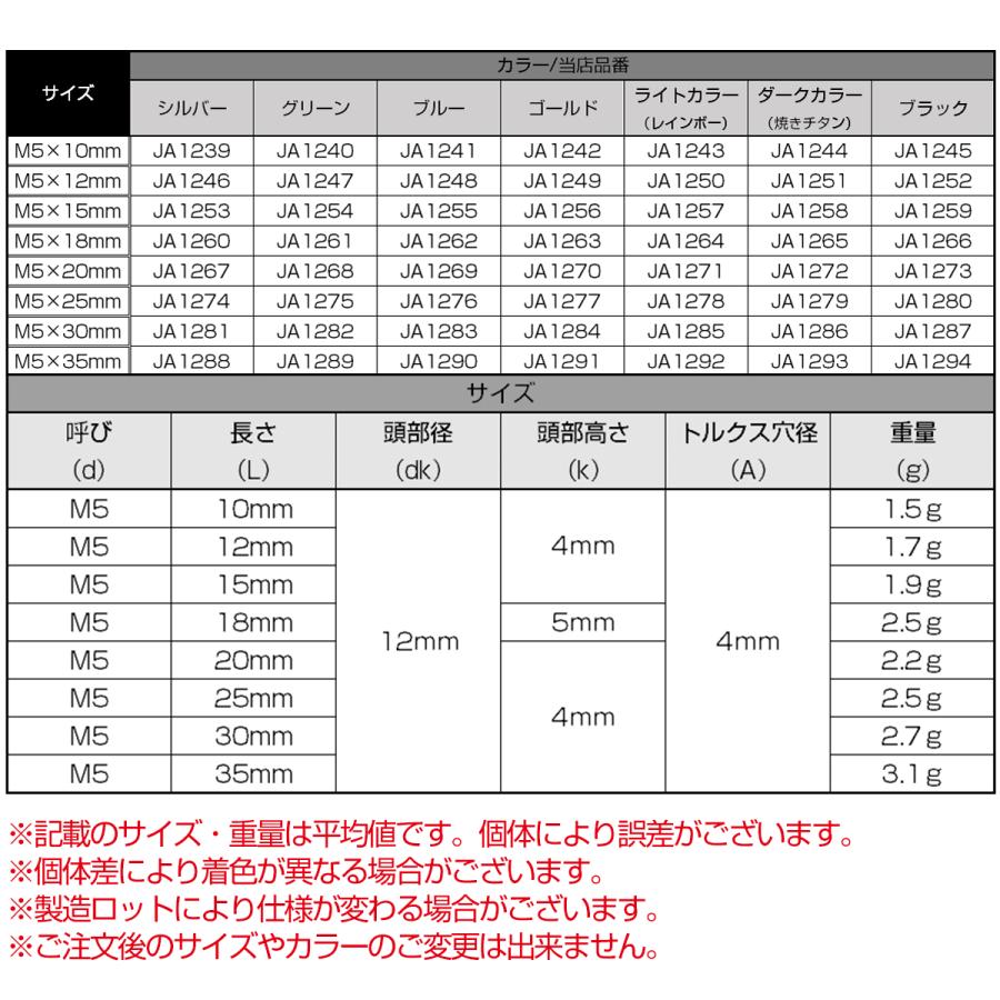 タッピングネジ M5×15mm チタン トルクス穴 フランジ付き ビス ダーク