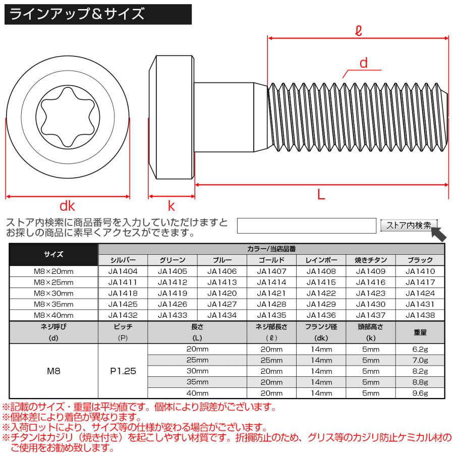 チタンボルト M8×40mm P1.25 トルクス穴 キャップボルト ローヘッドボルト グリーン JA1433 | ブランド登録なし | 05