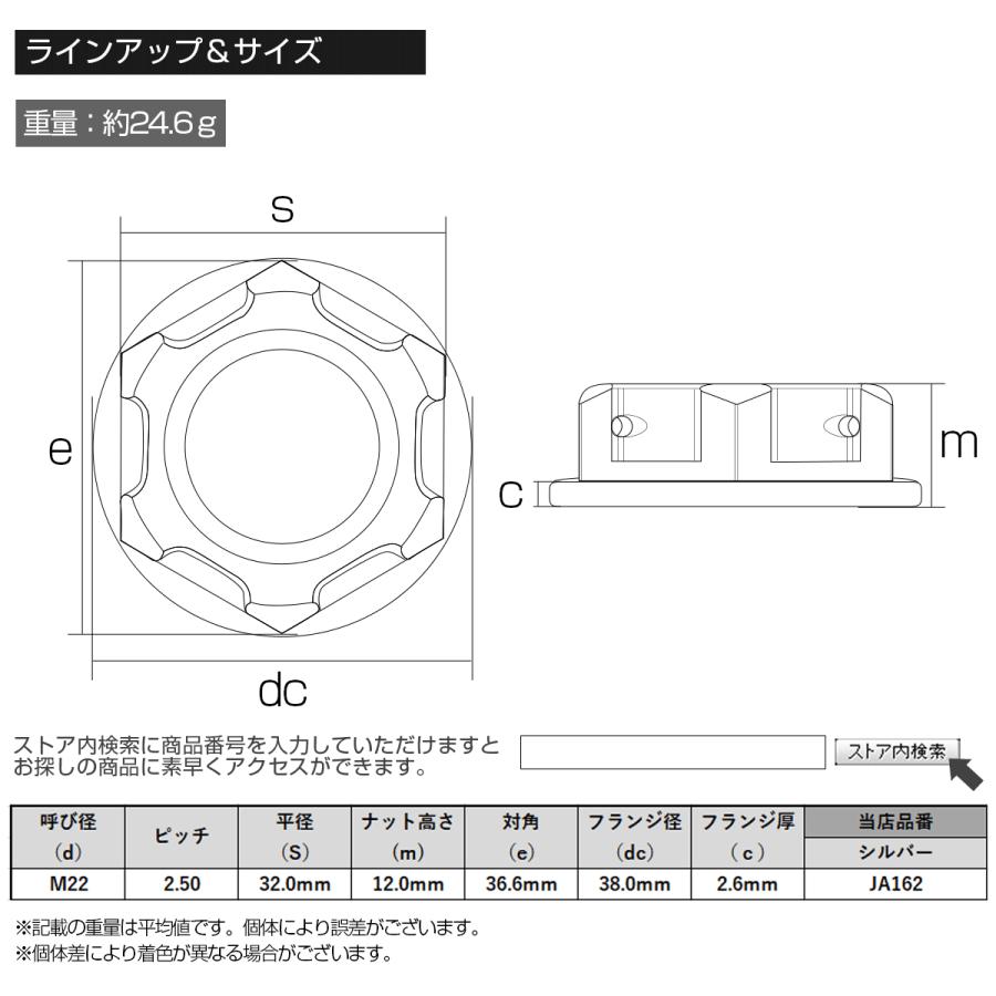 チタンナット M22 P2.5 ステムナット 六角ナット フランジ付 シルバー