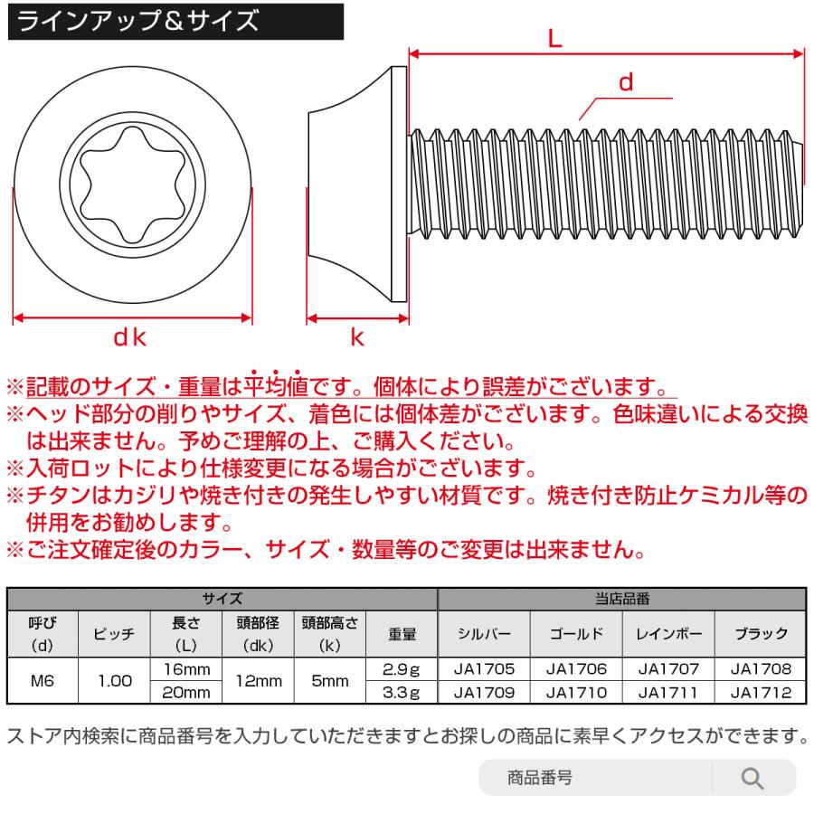 チタンボルト M6×20mm P1.00 キャップボルト カーブ テーパーヘッド トルクス穴 レインボー JA1711 | ブランド登録なし | 05