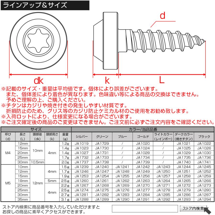 タッピングネジ M4×20mm チタン トルクス穴 フランジ付き ビス グリーン JA1731｜eale｜05