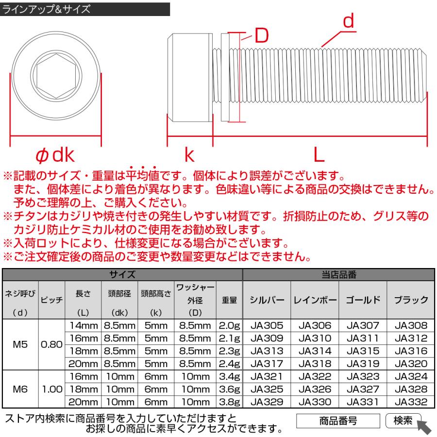 チタンボルト M5 20mm P0.8 キャップボルト 六角穴 ワッシャー付き 虹
