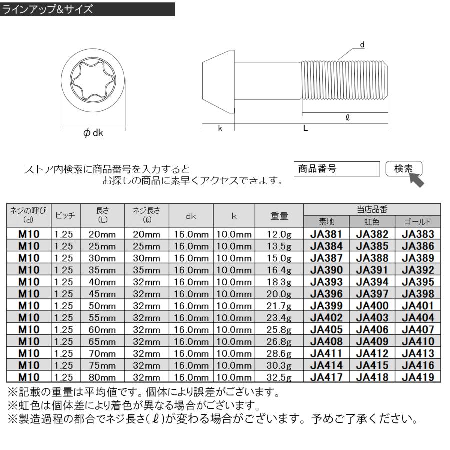 チタンボルト M10×25mm P1.25 キャップボルト トルクス穴 ゴール テーパー JA386 | ブランド登録なし | 03